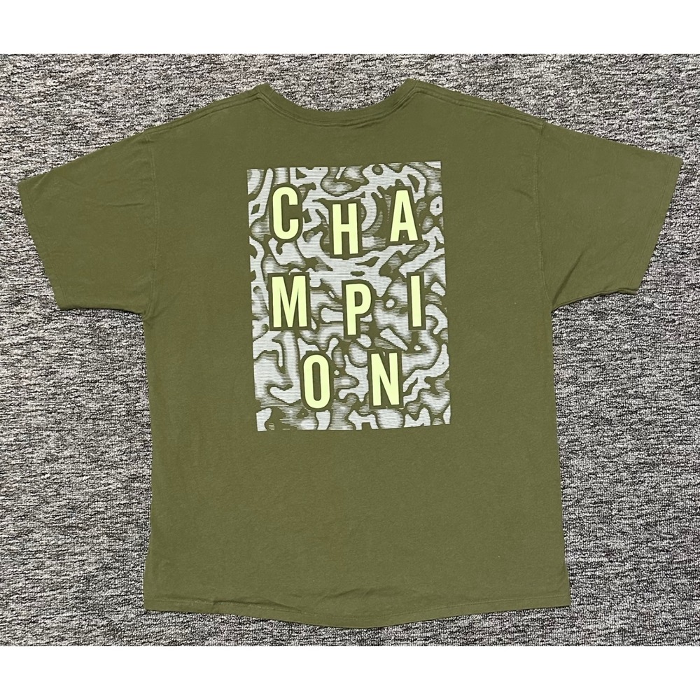 Champion Mens XL Olive Green Graphic T-Shirt Short Sleeve Back Print Cotton Tee‎